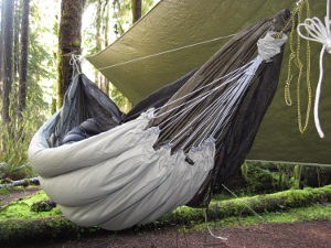 Finished clew underquilt hung on hammock in the wilderness.